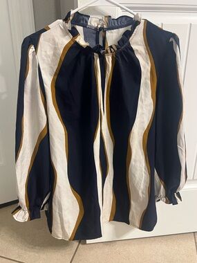 Wavy Stripe Navy and White Long-Sleeve Blouse